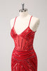 Load image into Gallery viewer, Sparkly Red Spaghetti Straps Sequin Short Tight Graduation Dress