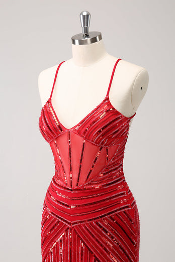 Sparkly Red Spaghetti Straps Sequin Short Tight Graduation Dress