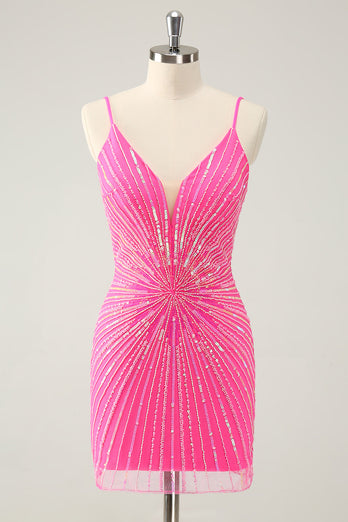 Spaghetti Straps Fuchsia Bodycon Graduation Dress with Sequins