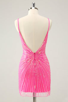 Spaghetti Straps Fuchsia Bodycon Graduation Dress with Sequins