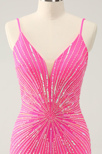 Spaghetti Straps Fuchsia Bodycon Graduation Dress with Sequins