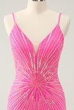 Spaghetti Straps Fuchsia Bodycon Graduation Dress with Sequins