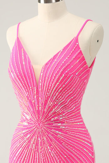 Spaghetti Straps Fuchsia Bodycon Graduation Dress with Sequins