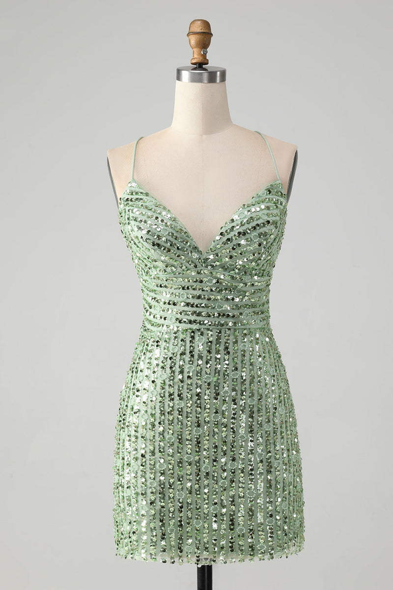 Load image into Gallery viewer, Sparkly Green Bodycon Sequins Lace Up Short Graduation Dress