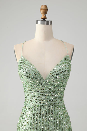 Sparkly Green Bodycon Sequins Lace Up Short Graduation Dress
