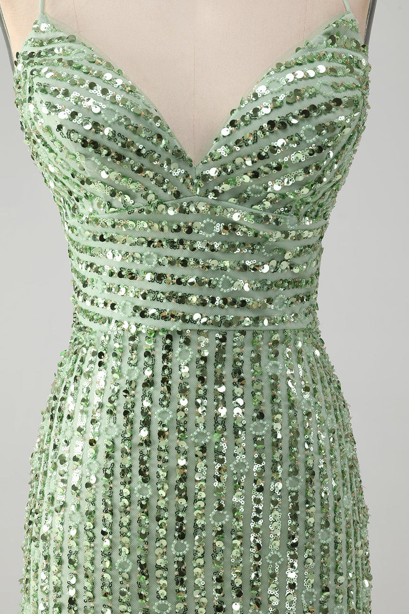 Load image into Gallery viewer, Sparkly Green Bodycon Sequins Lace Up Short Graduation Dress