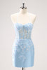 Load image into Gallery viewer, Blue Spaghetti Straps Corset Applique Tight Graduation Dress with Sequins