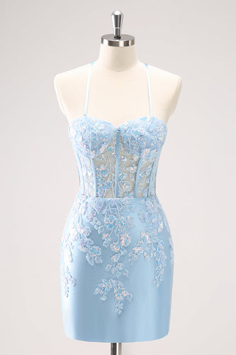 Blue Spaghetti Straps Corset Applique Tight Graduation Dress with Sequins