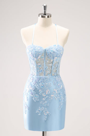 Blue Spaghetti Straps Corset Applique Tight Graduation Dress with Sequins