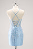 Load image into Gallery viewer, Blue Spaghetti Straps Corset Applique Tight Graduation Dress with Sequins