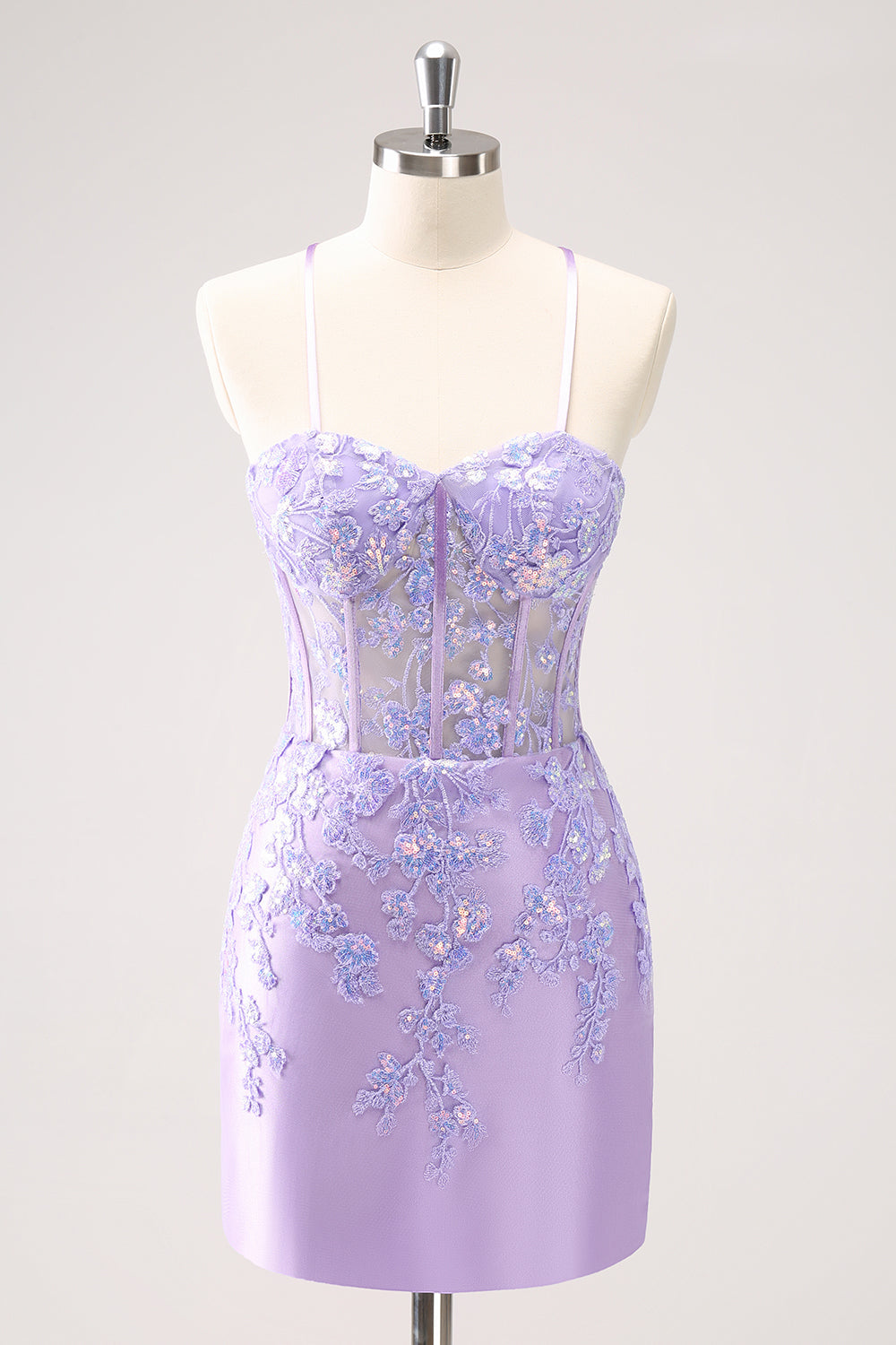 Blue Spaghetti Straps Corset Applique Tight Graduation Dress with Sequins