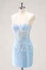 Load image into Gallery viewer, Blue Spaghetti Straps Corset Applique Tight Graduation Dress with Sequins