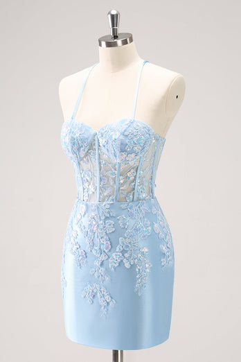 Blue Spaghetti Straps Corset Applique Tight Graduation Dress with Sequins