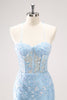 Load image into Gallery viewer, Blue Spaghetti Straps Corset Applique Tight Graduation Dress with Sequins