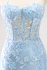 Load image into Gallery viewer, Blue Spaghetti Straps Corset Applique Tight Graduation Dress with Sequins