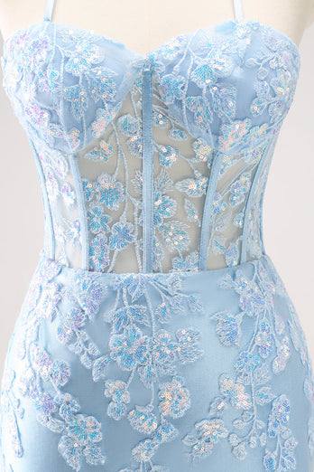 Blue Spaghetti Straps Corset Applique Tight Graduation Dress with Sequins