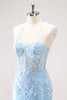 Load image into Gallery viewer, Blue Spaghetti Straps Corset Applique Tight Graduation Dress with Sequins