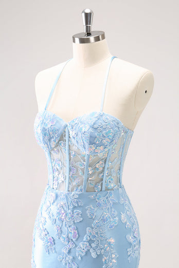 Blue Spaghetti Straps Corset Applique Tight Graduation Dress with Sequins