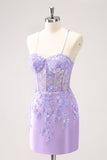 Blue Spaghetti Straps Corset Applique Tight Graduation Dress with Sequins