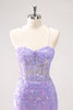 Load image into Gallery viewer, Blue Spaghetti Straps Corset Applique Tight Graduation Dress with Sequins