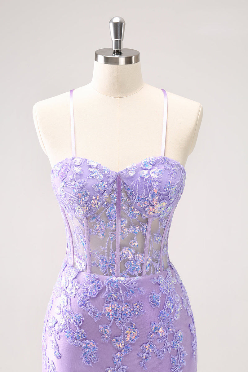 Load image into Gallery viewer, Blue Spaghetti Straps Corset Applique Tight Graduation Dress with Sequins