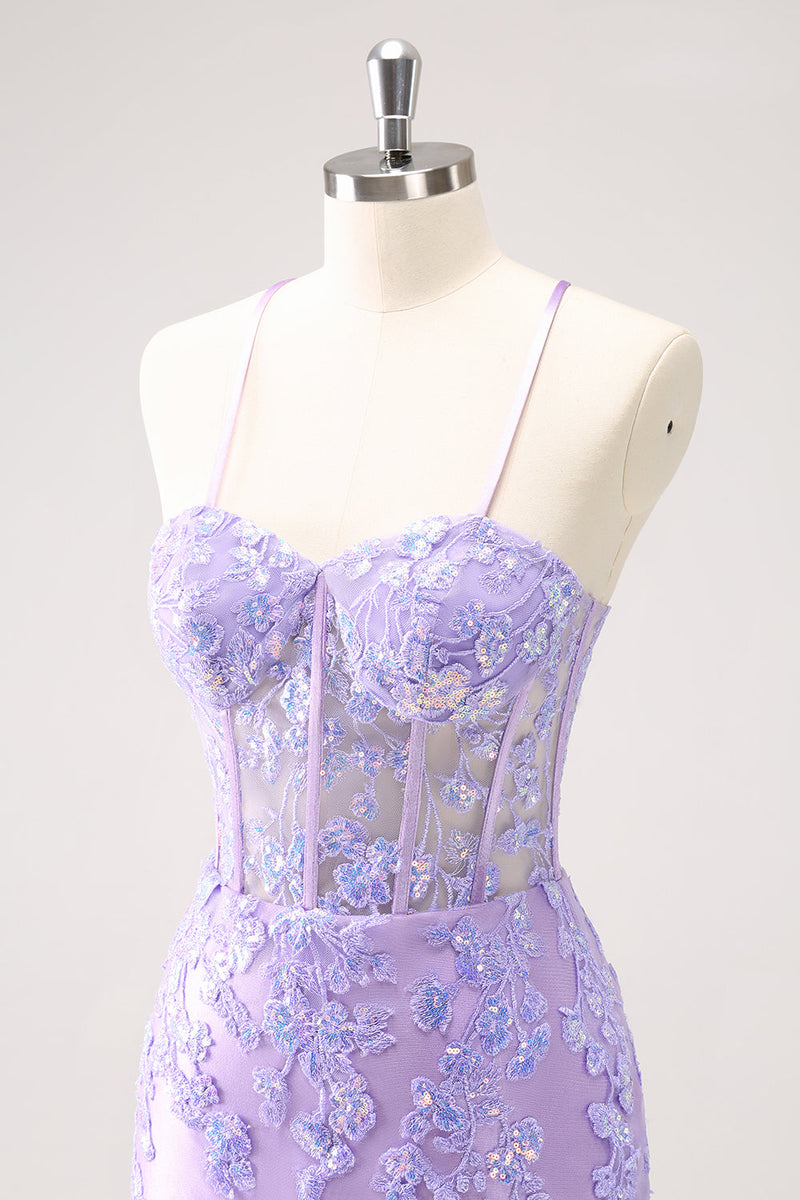 Load image into Gallery viewer, Blue Spaghetti Straps Corset Applique Tight Graduation Dress with Sequins