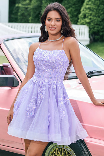 Cute Glitter Lilac A Line Sequins Short Lace Up Back Graduation Dress with Appliques