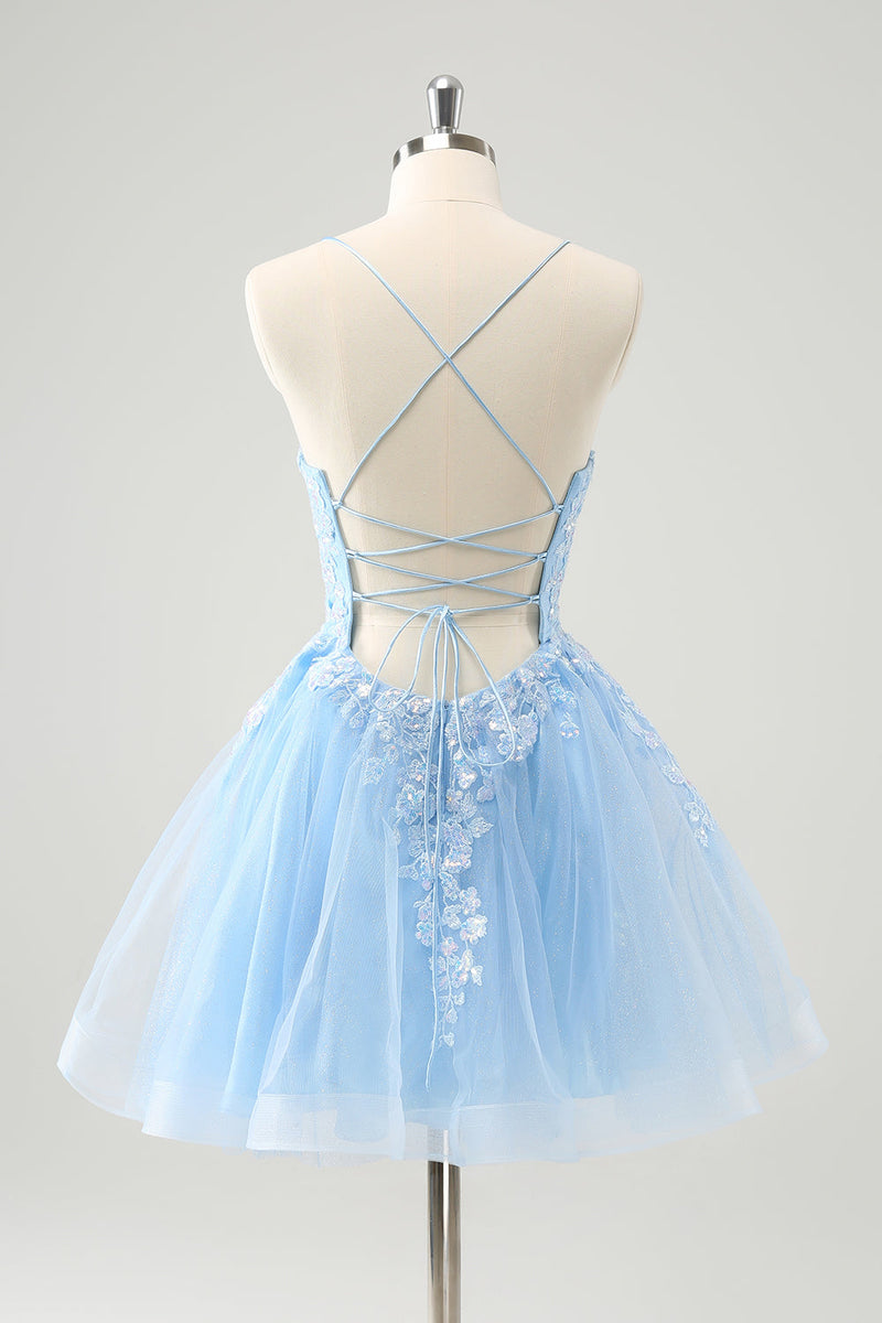 Load image into Gallery viewer, Cute Glitter Blue A Line Sequins Short Graduation Dress with Appliques