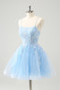 Load image into Gallery viewer, Cute Glitter Blue A Line Sequins Short Graduation Dress with Appliques