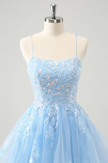 Cute Glitter Blue A Line Sequins Short Graduation Dress with Appliques