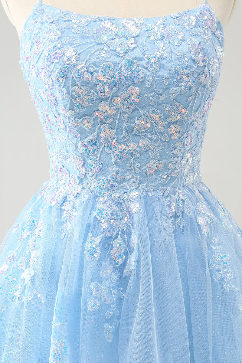 Load image into Gallery viewer, Cute Glitter Blue A Line Sequins Short Graduation Dress with Appliques