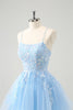 Load image into Gallery viewer, Cute Glitter Blue A Line Sequins Short Graduation Dress with Appliques