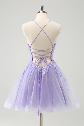 Cute Glitter Lilac A Line Sequins Short Lace Up Back Graduation Dress with Appliques