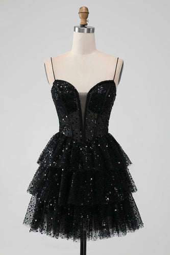 Sparkly Black Spaghetti Straps Tiered Graduation Dress with Sequins