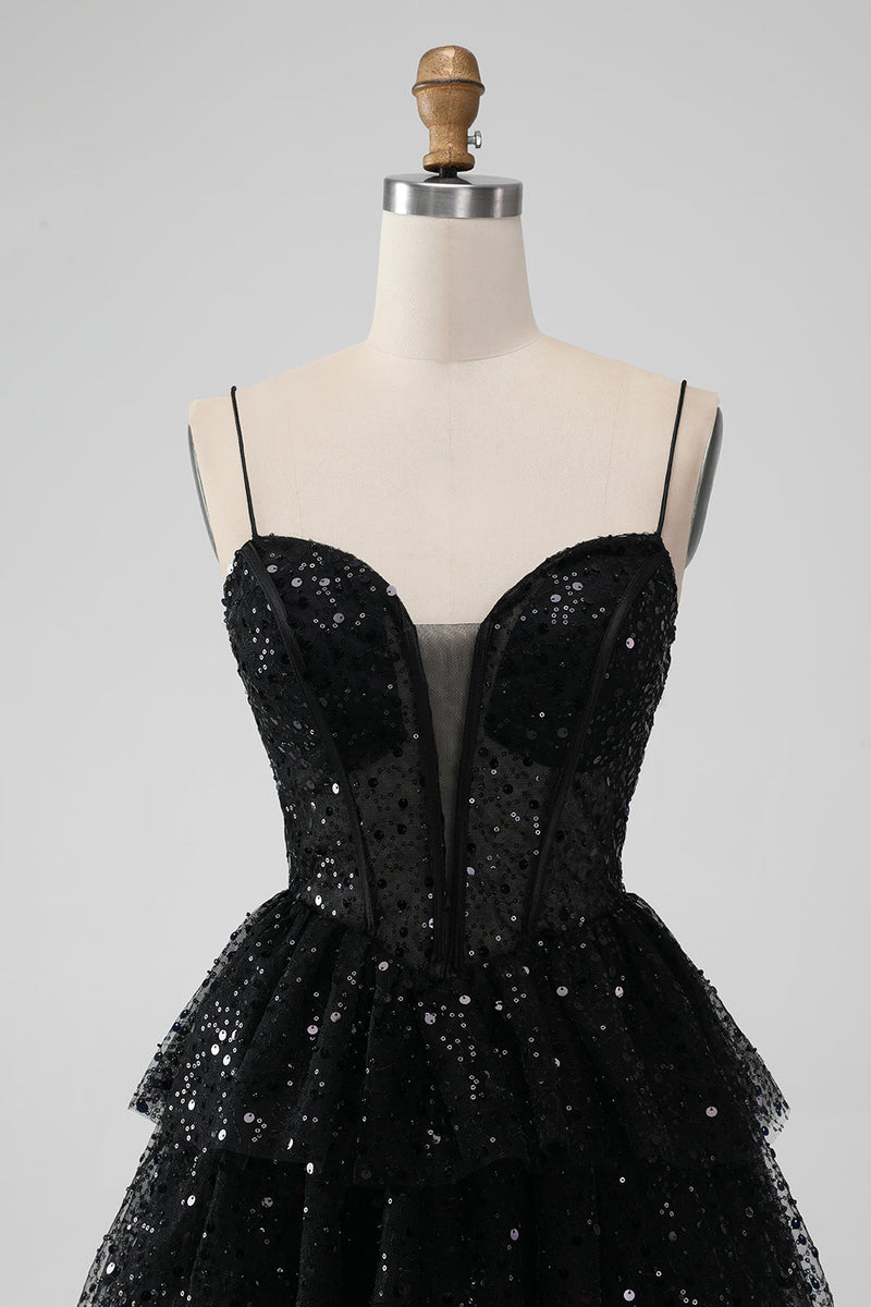 Load image into Gallery viewer, Sparkly Black Spaghetti Straps Tiered Graduation Dress with Sequins