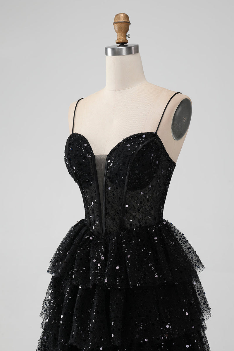 Load image into Gallery viewer, Sparkly Black Spaghetti Straps Tiered Graduation Dress with Sequins