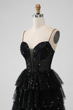 Sparkly Black Spaghetti Straps Tiered Graduation Dress with Sequins