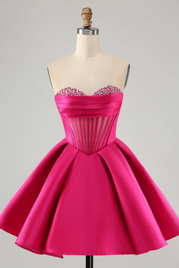 Cute A Line Sweetheart Corset Fuchsia Graduation Dress with Beading