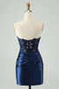 Load image into Gallery viewer, Sparkly Royal Blue Bodycon Strapless Hollow Out Graduation Dress with Slit