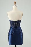 Sparkly Royal Blue Bodycon Strapless Hollow Out Graduation Dress with Slit