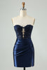 Load image into Gallery viewer, Sparkly Navy Bodycon Strapless Hollow Out Graduation Dress with Lace