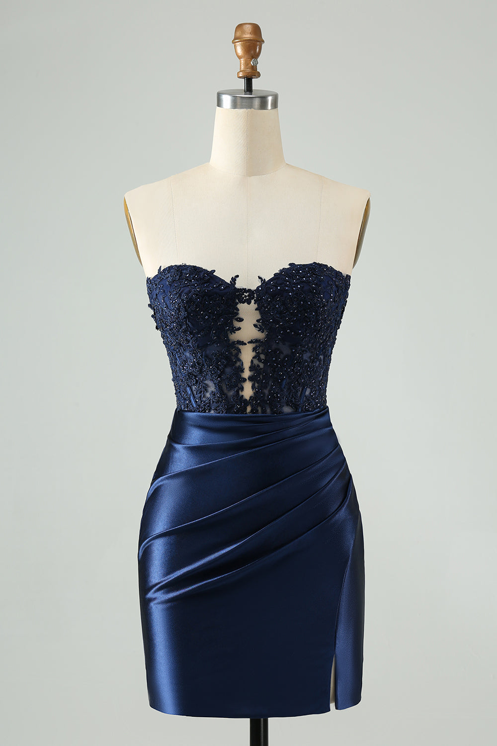 Sparkly Navy Bodycon Strapless Hollow Out Graduation Dress with Lace