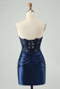 Load image into Gallery viewer, Sparkly Navy Bodycon Strapless Hollow Out Graduation Dress with Lace