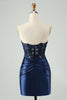 Load image into Gallery viewer, Sparkly Navy Bodycon Sweetheart Appliques Satin Graduation Dress with Slit
