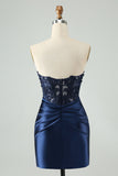 Sparkly Navy Bodycon Sweetheart Appliques Satin Graduation Dress with Slit