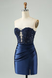 Sparkly Navy Bodycon Strapless Hollow Out Graduation Dress with Lace