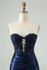 Load image into Gallery viewer, Sparkly Navy Bodycon Strapless Hollow Out Graduation Dress with Lace