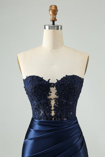 Sparkly Navy Bodycon Strapless Hollow Out Graduation Dress with Lace