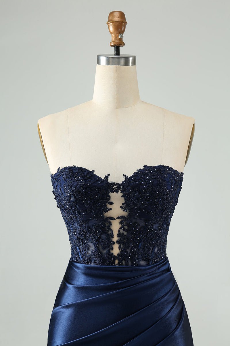 Load image into Gallery viewer, Sparkly Navy Bodycon Strapless Hollow Out Graduation Dress with Lace