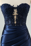 Sparkly Navy Bodycon Strapless Hollow Out Graduation Dress with Lace